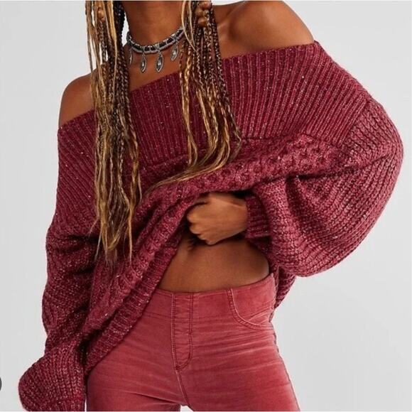 Free People New Dream Sweater Cream Speckled Off Shoulder Cable Knit Size M - Picture 9 of 9